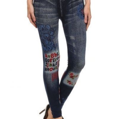 Ladies Fashion High Waist Floral Leggings M Blue Denim Slim Skinny Leg Stretch